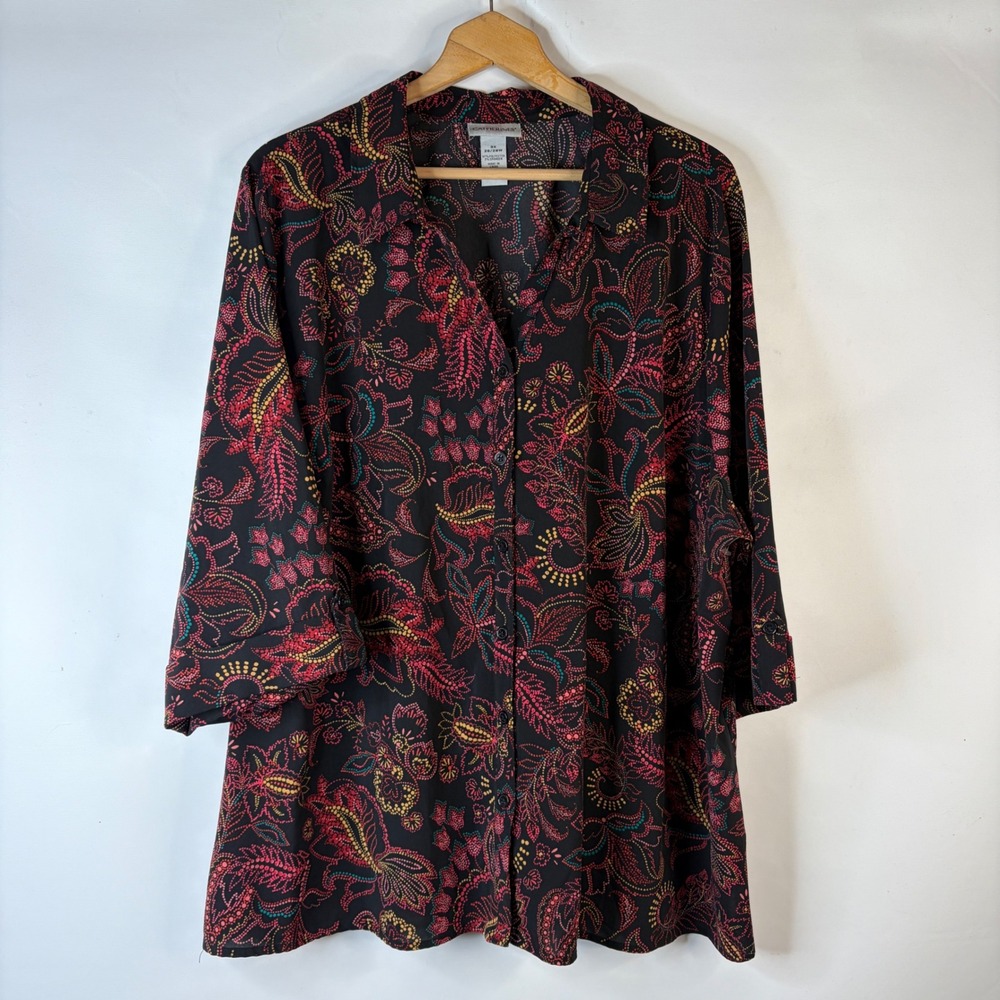 Catherines Blouse Women 3X Black Multi Paisley 3/4 Sleeve Button Front Tunic
